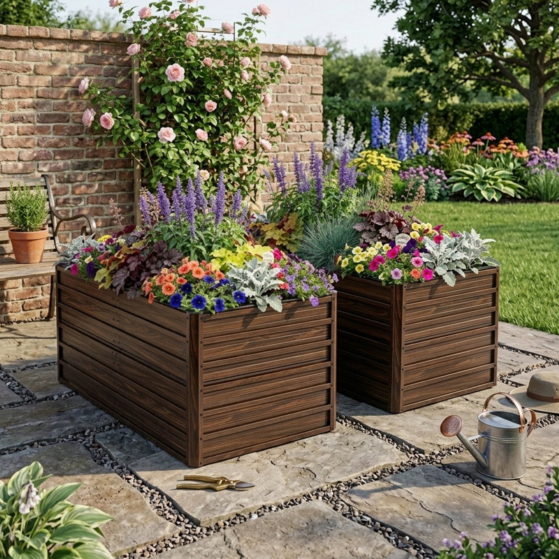 Two wooden raised garden beds filled with colorful flowers in a backyard garden on Tampa Home & Garden Store