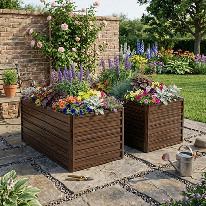 Two wooden raised garden beds filled with colorful flowers in a backyard garden on Tampa Home & Garden Store