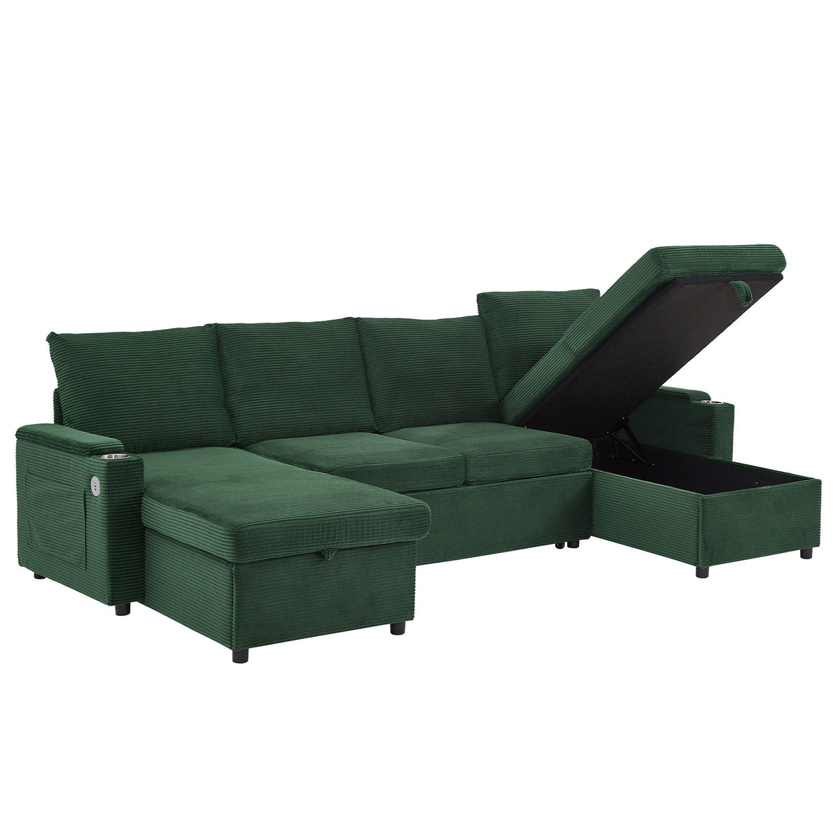 U Shaped Sleeper Sectional Sofa Bed green fabric with storage chaise and cup holders on Tampa Home & Garden Store