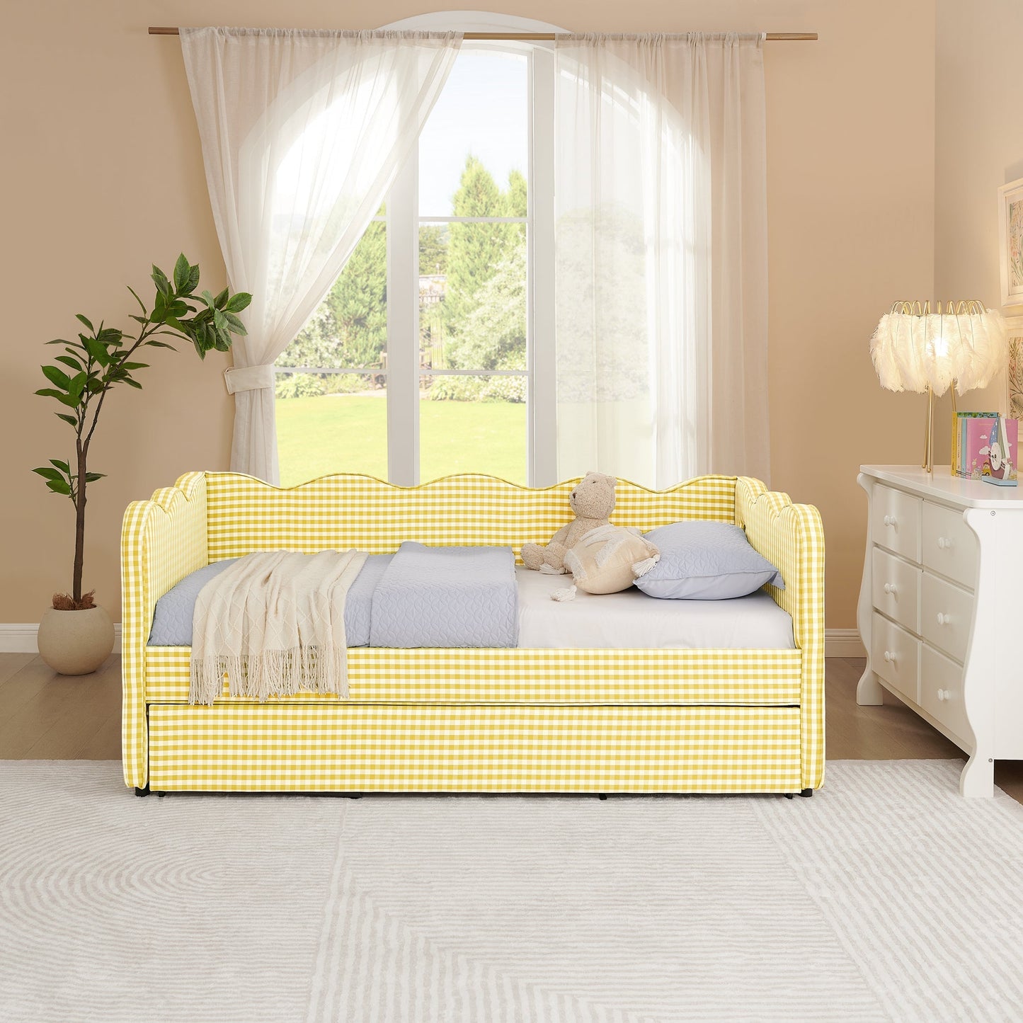 Cozy Gingham Daybed with Trundle twin bed frame in yellow check fabric with teddy on Tampa Home & Garden Store