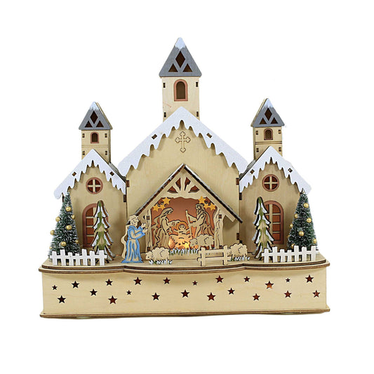 Église en bois avec éclairage LED et crèche - 30 cm