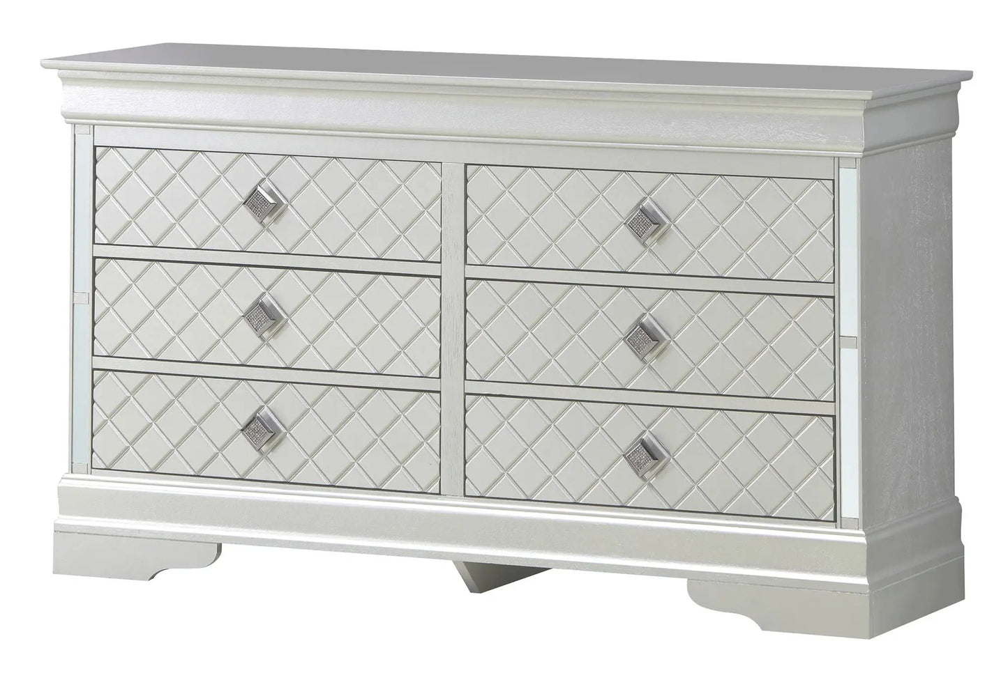 Verona dresser by Unique Piece Furniture with mirrored diamond drawers and crystal knobs on Tampa Home & Garden Store