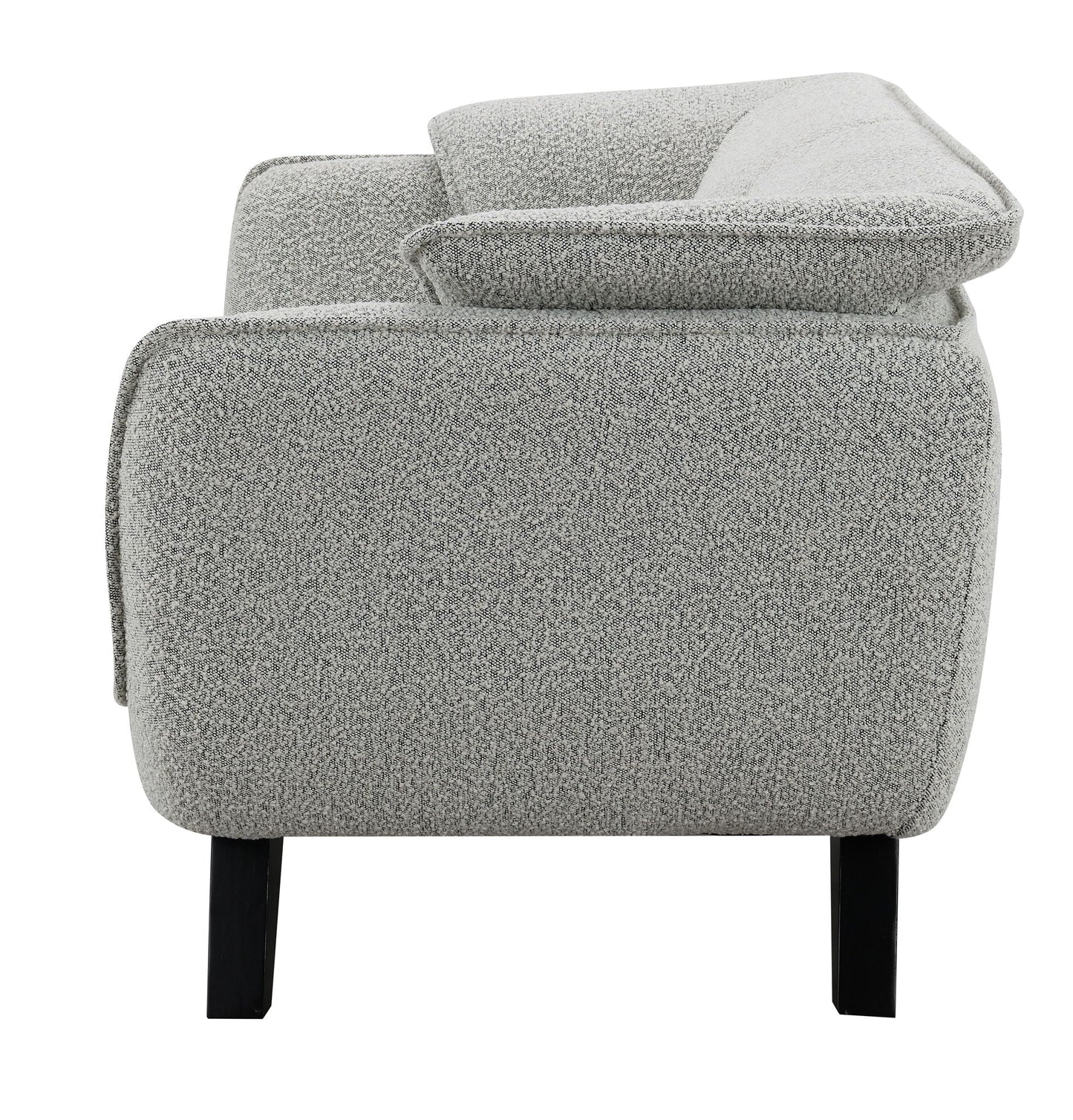 Nayeli Boucle Loveseat gray boucle upholstery with rounded arm and cushioned seat on black legs on Tampa Home & Garden Store