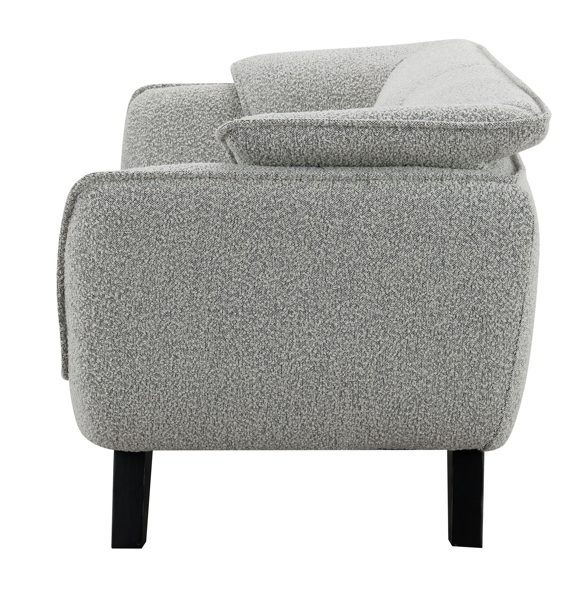 Nayeli Boucle Loveseat gray boucle upholstery with rounded arm and cushioned seat on black legs on Tampa Home & Garden Store