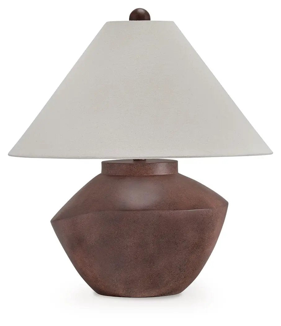 Honsworth Poly Table Lamp antique brown ceramic base with light beige fabric shade on Tampa Home & Garden Store