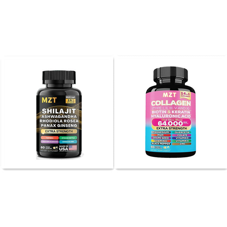 Perfecsy Collagen Capsule bottle with pink label beside a Shilajit bottle, two dark bottles on Tampa Home & Garden Store