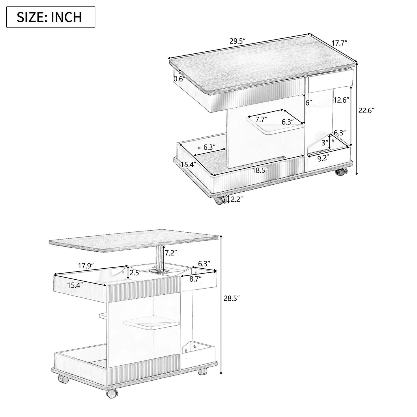 Adjustable end table with wheels and 360° rotating woodgrain top, storage drawers on Tampa Home & Garden Store