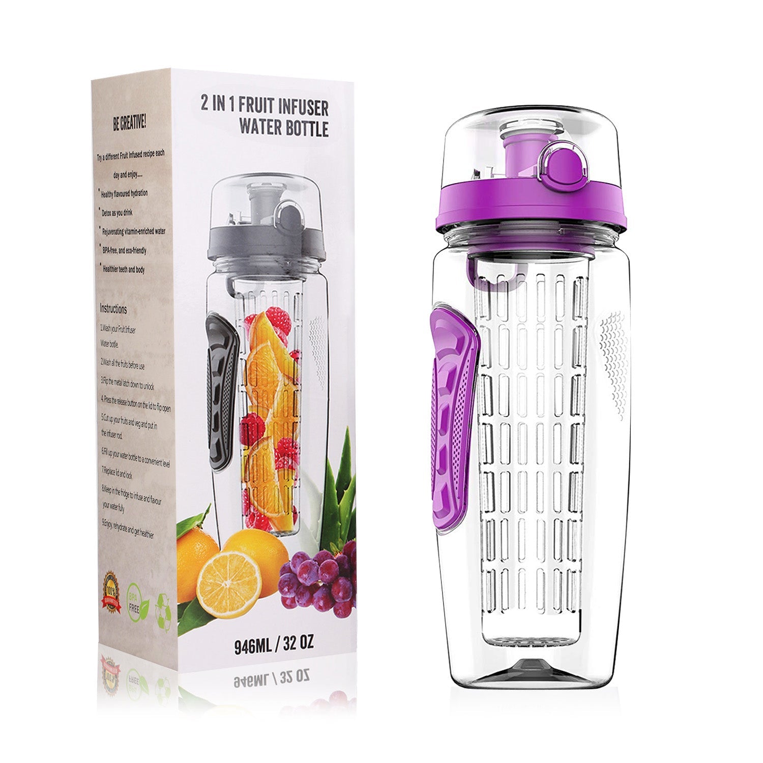 GemGear 2-in-1 32oz fruit infuser water bottle with purple flip-top lid and anti-slip grip, boxed on Tampa Home & Garden Store