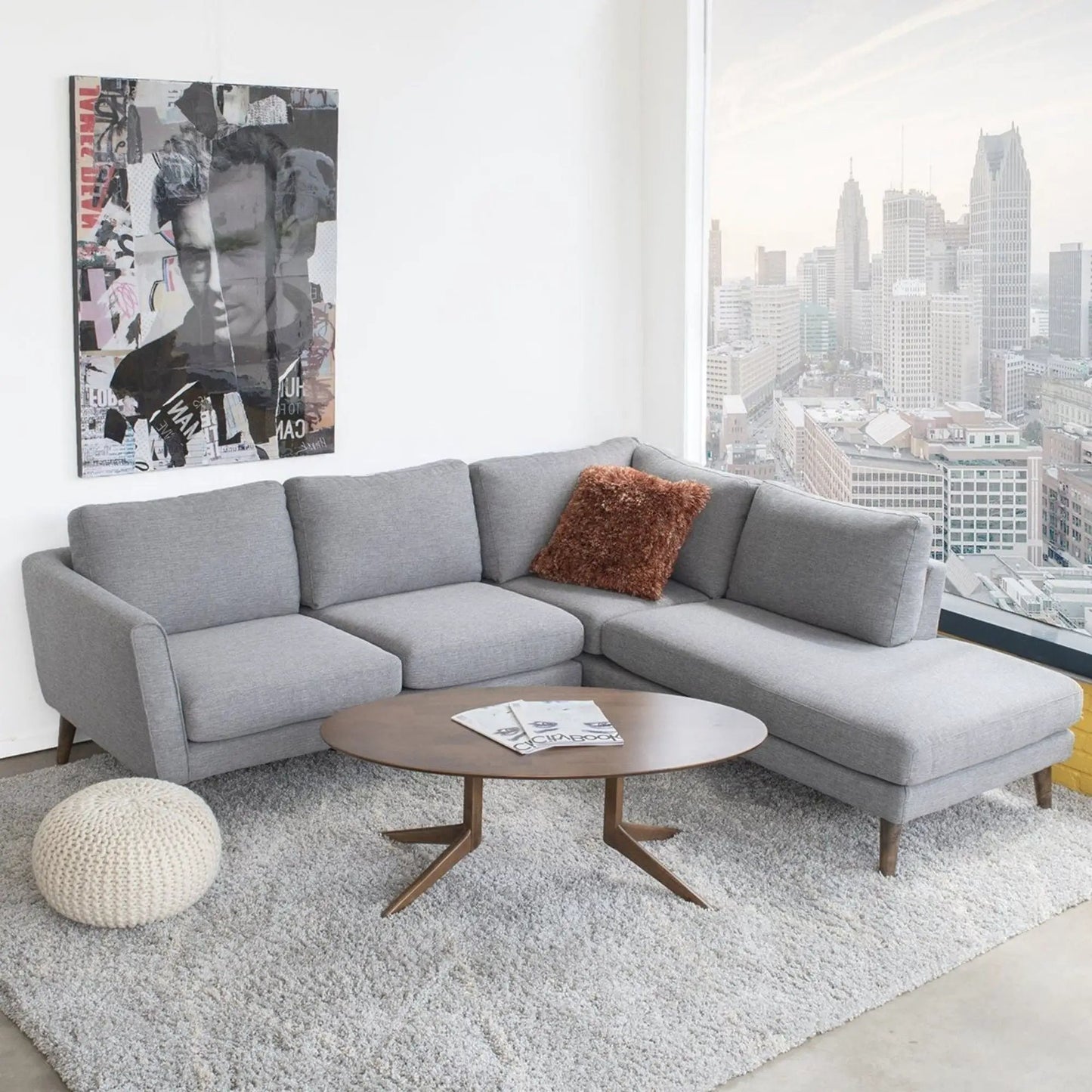 Benson sectional sofa with chaise in gray fabric, modern L-shape with a brown shaggy pillow on Tampa Home & Garden Store