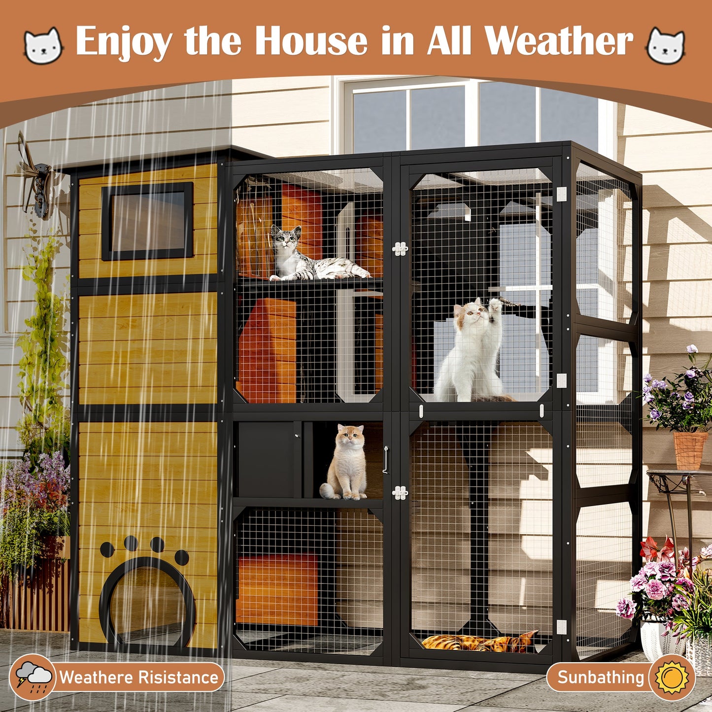 Four Tier Outdoor Cat Catio and Solid Roof