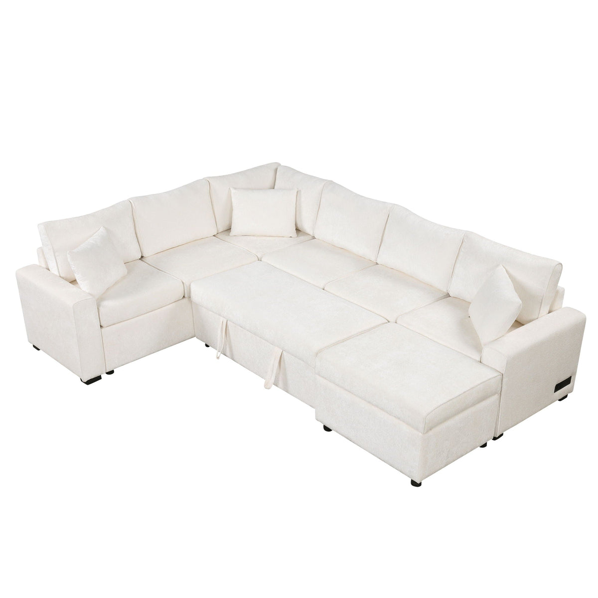 Sleeper sectional sofa with storage ottoman in cream and three pillows on Tampa Home & Garden Store