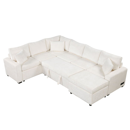 Sleeper sectional sofa with storage ottoman in cream and three pillows on Tampa Home & Garden Store