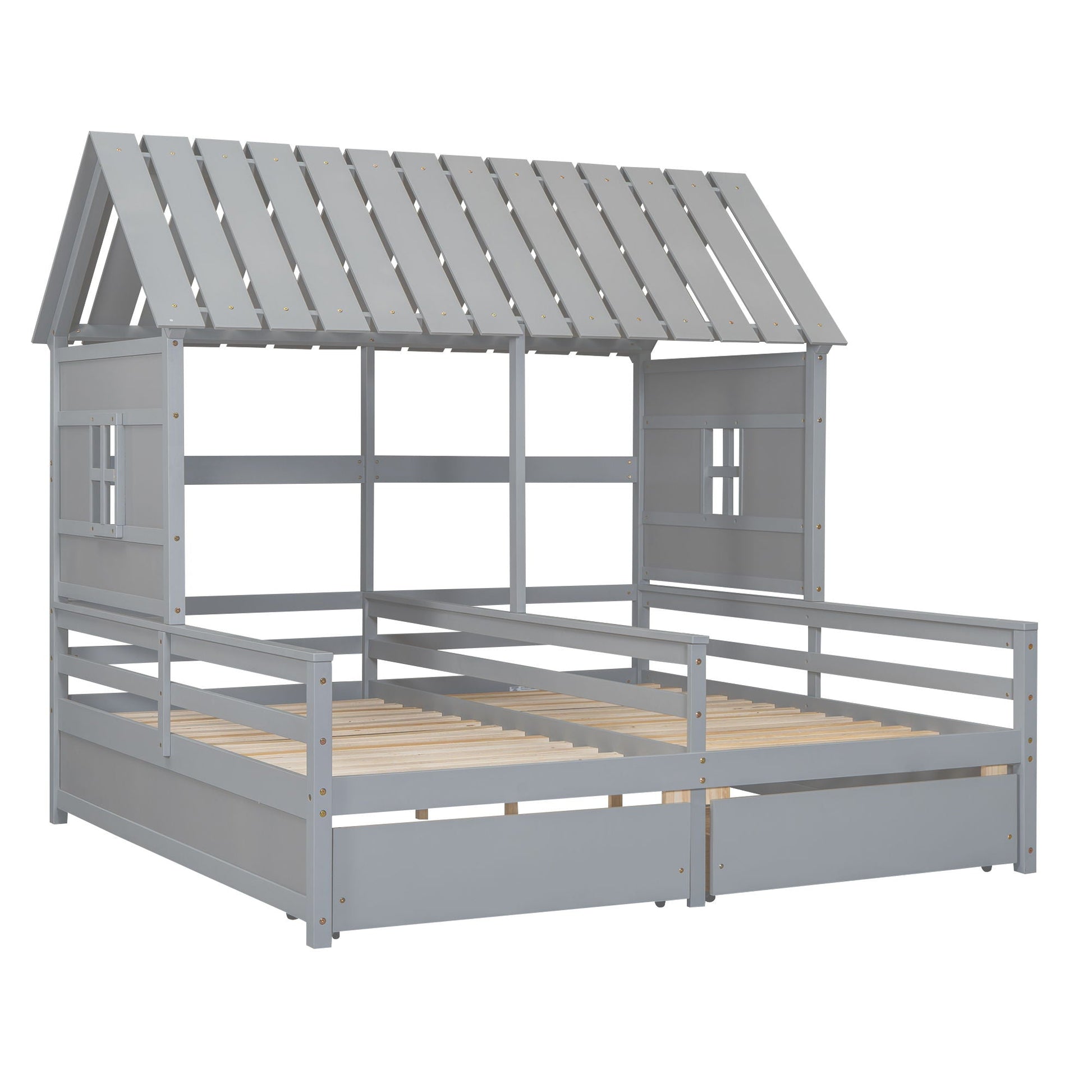 House platform bed with 2 side-by-side drawers in light grey wood frame on Tampa Home & Garden Store