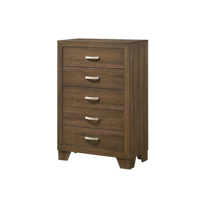 Miquell elegant design chest in warm brown with five drawers and silver pulls on Tampa Home & Garden Store