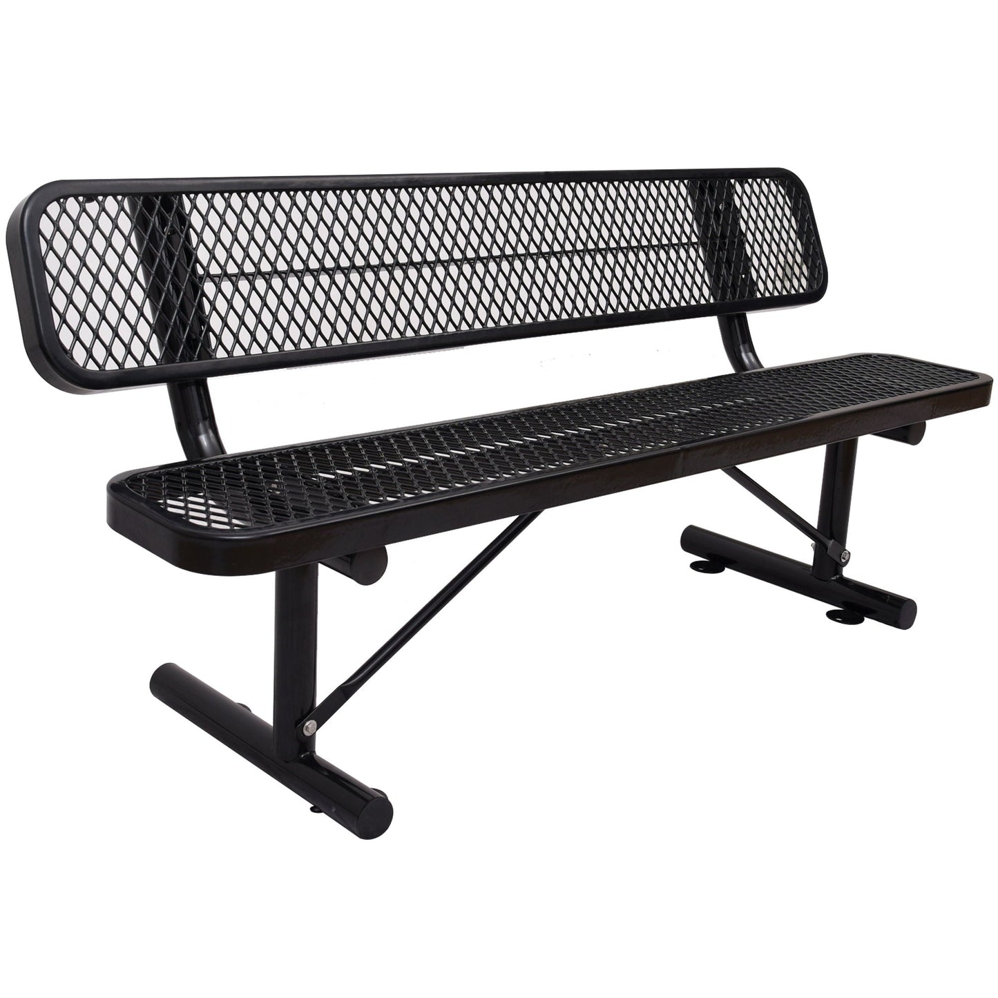6' outdoor steel bench with backrest, black powder-coated frame and mesh seat on Tampa Home & Garden Store