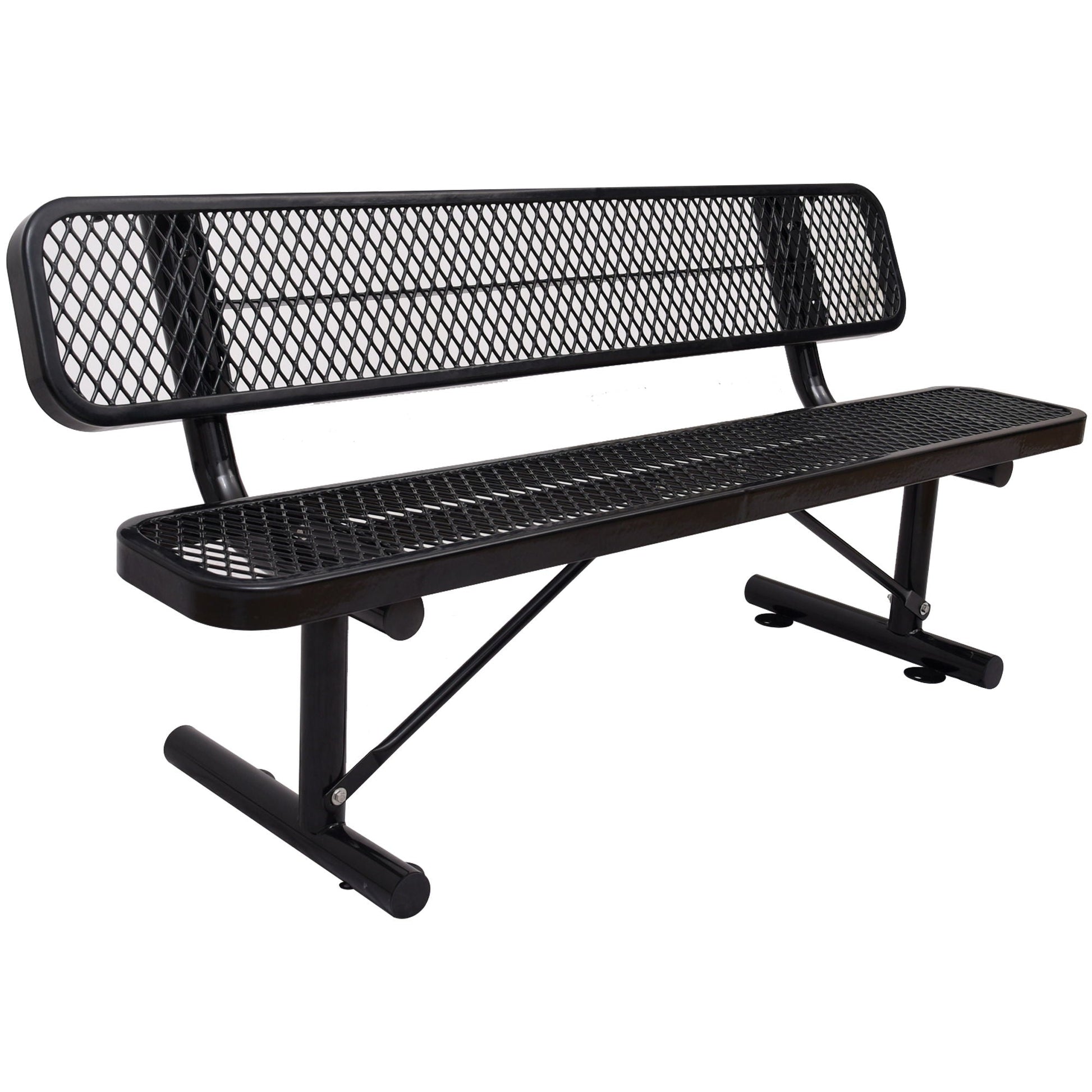 6' outdoor steel bench with backrest, black powder-coated frame and mesh seat on Tampa Home & Garden Store