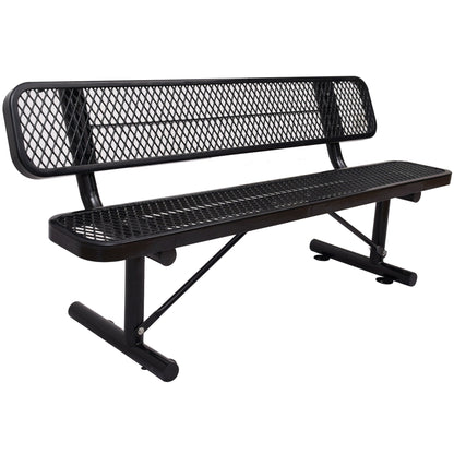 6' outdoor steel bench with backrest, black powder-coated frame and mesh seat on Tampa Home & Garden Store