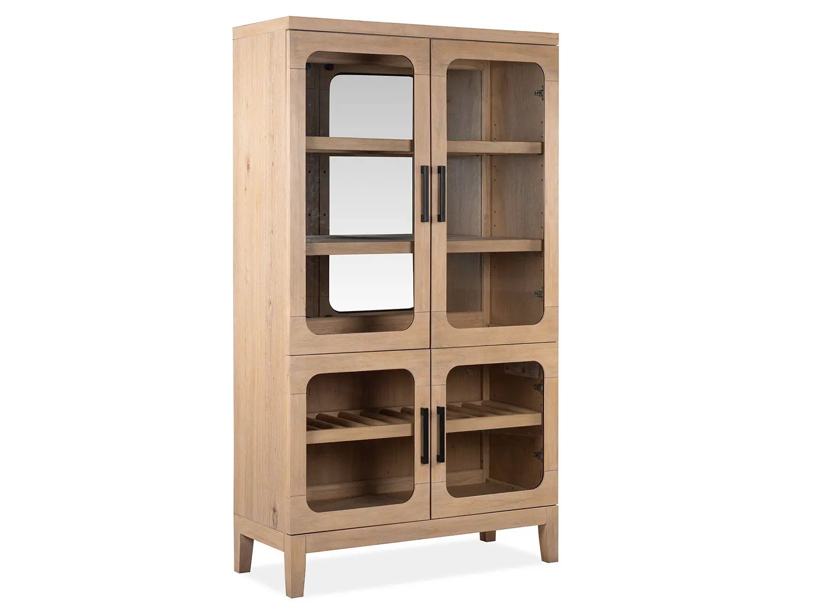 Somerset buffet curio in butternut and Omari natural with glass-front doors, 4 sections on Tampa Home & Garden Store