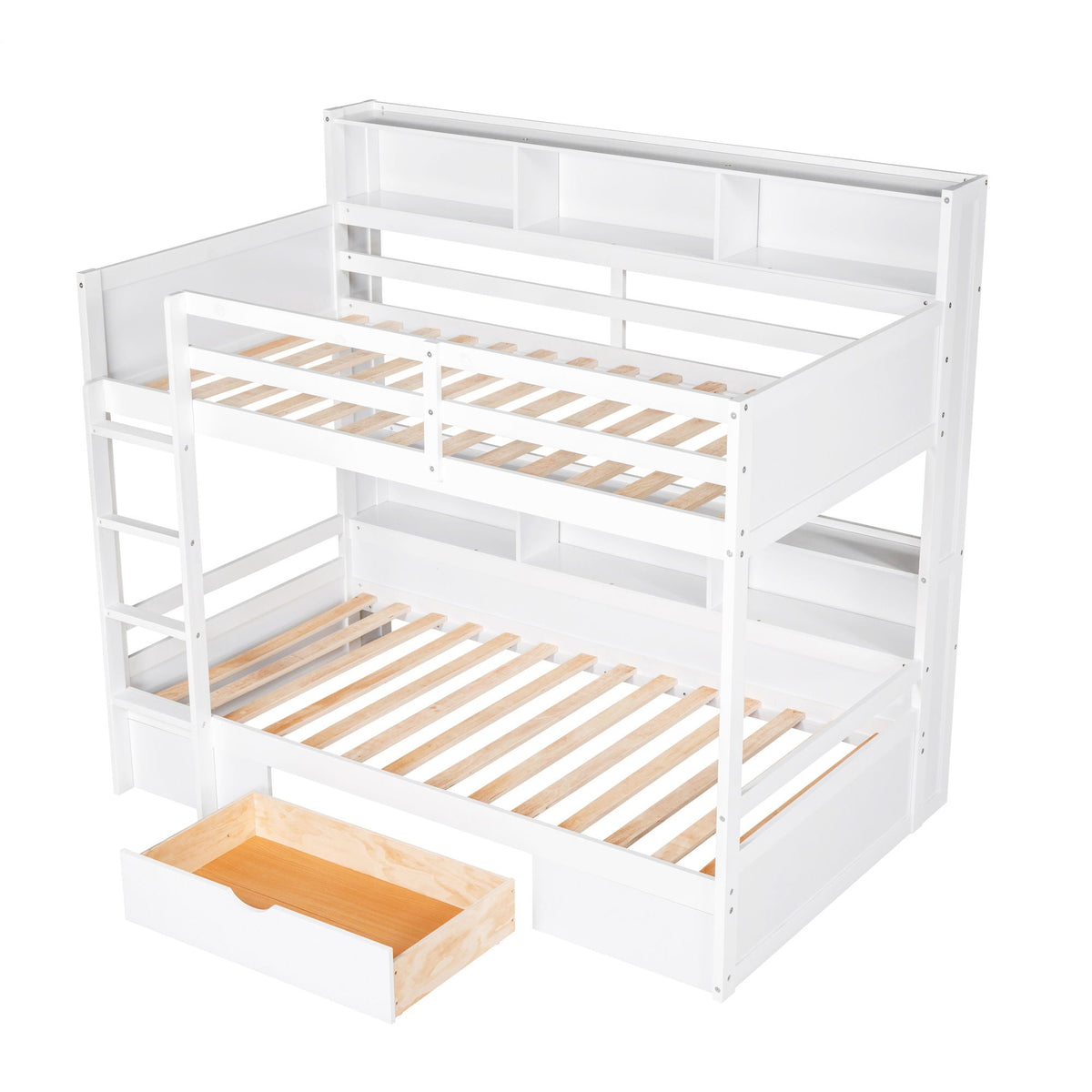 White twin bunk bed with built-in shelves beside upper and lower beds and a storage drawer on Tampa Home & Garden Store
