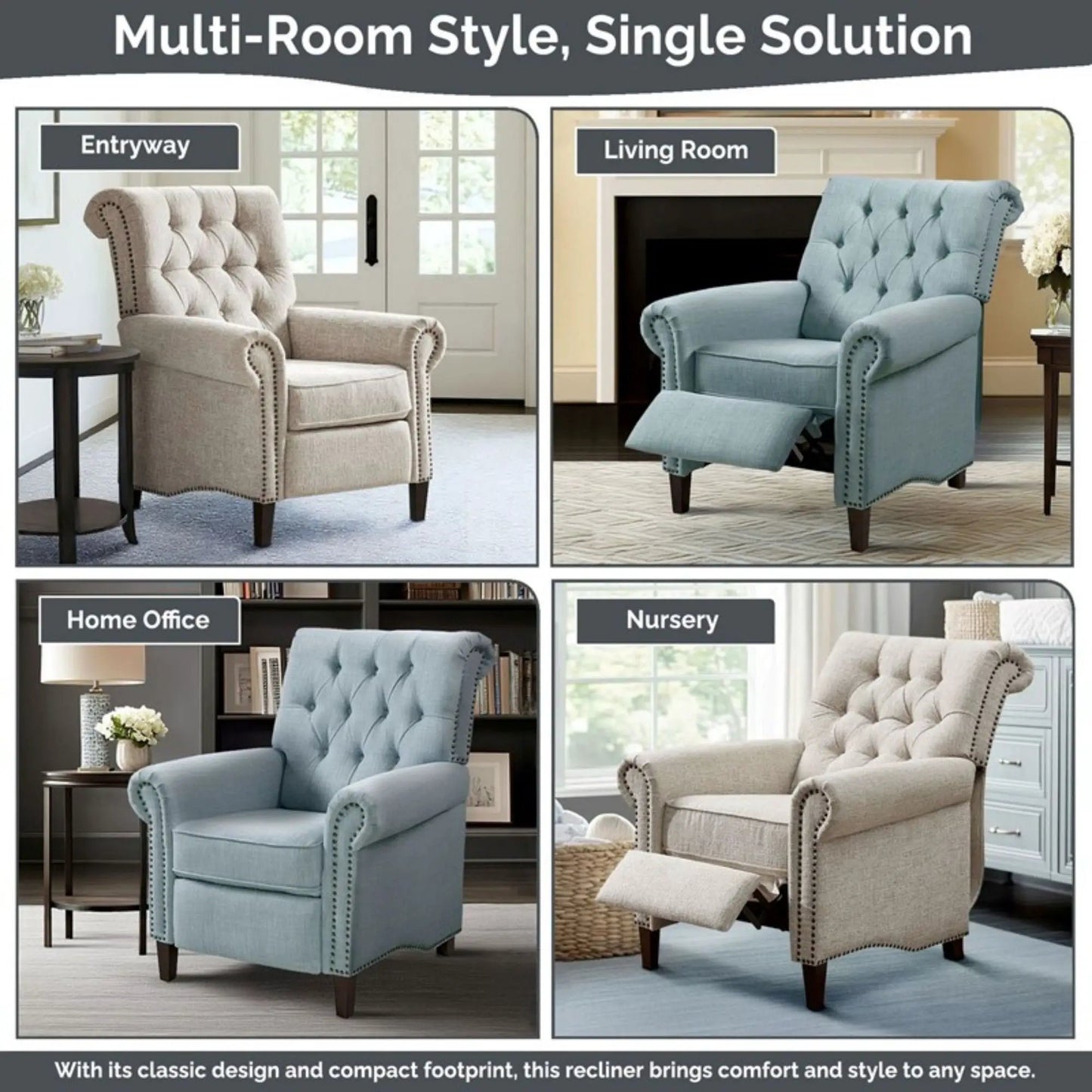 Aidan cream push-back recliner chair with tufted back and nailhead trim Unique Piece Furniture on Tampa Home & Garden Store