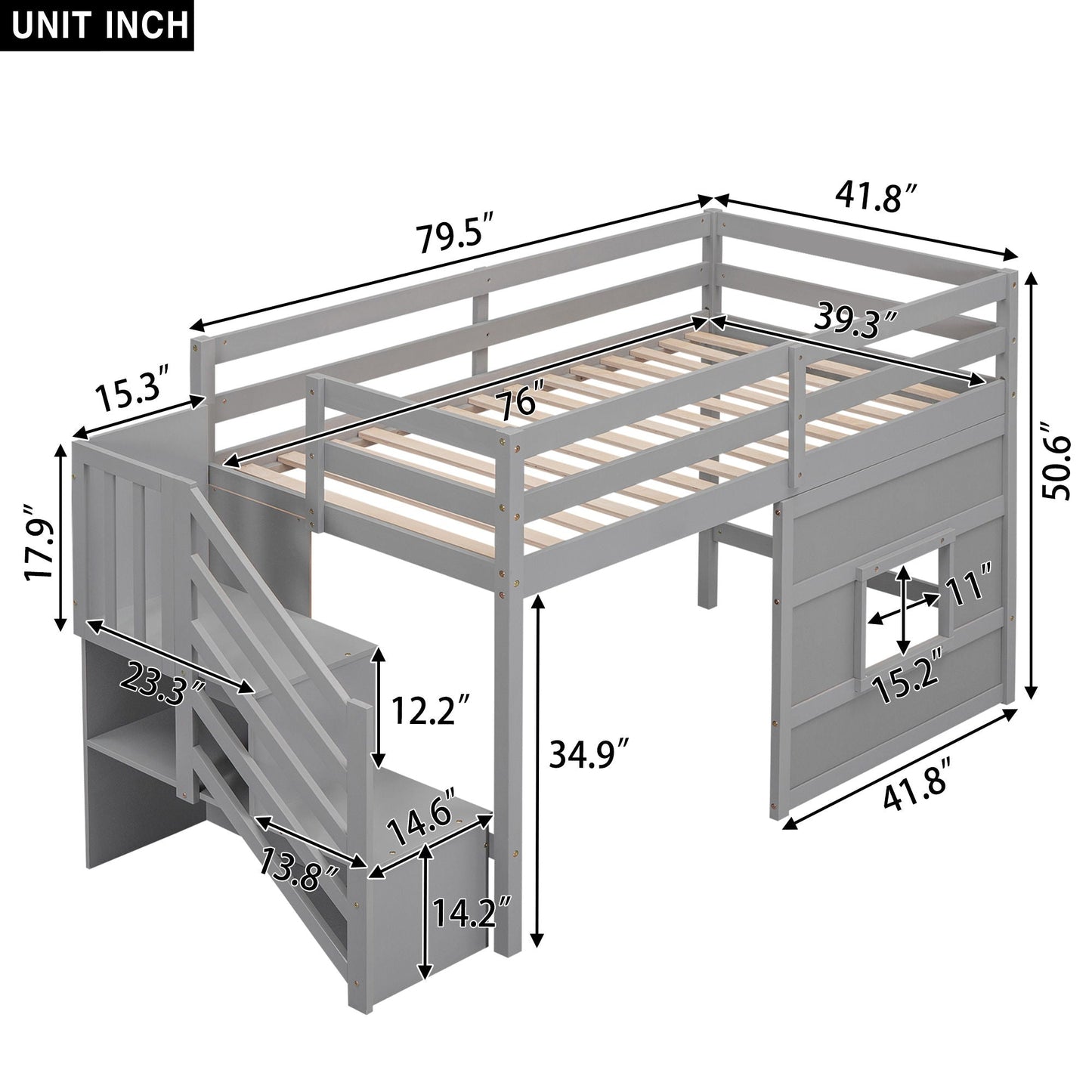 Loft bed with storage staircase in gray wood, window nook and LED light by HouseOfZazla on Tampa Home & Garden Store