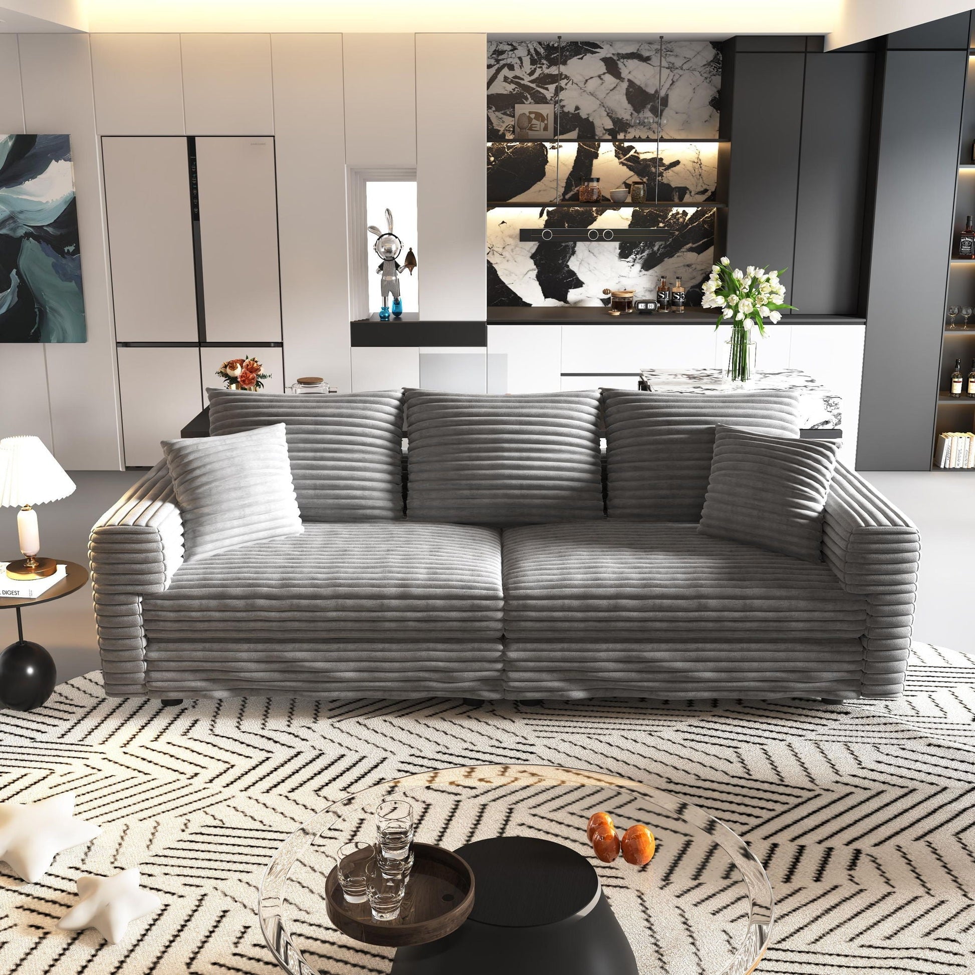 4-seat modern comfy upholstered Cloud Couch by HouseOfZazla in gray ribbed fabric in a modern kitchen setting on Tampa Home & Garden Store