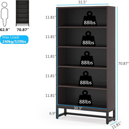 5 Tier Heavy Duty Bookshelf with powder-coated steel frame in dark brown finish by HouseOfZazla on Tampa Home & Garden Store