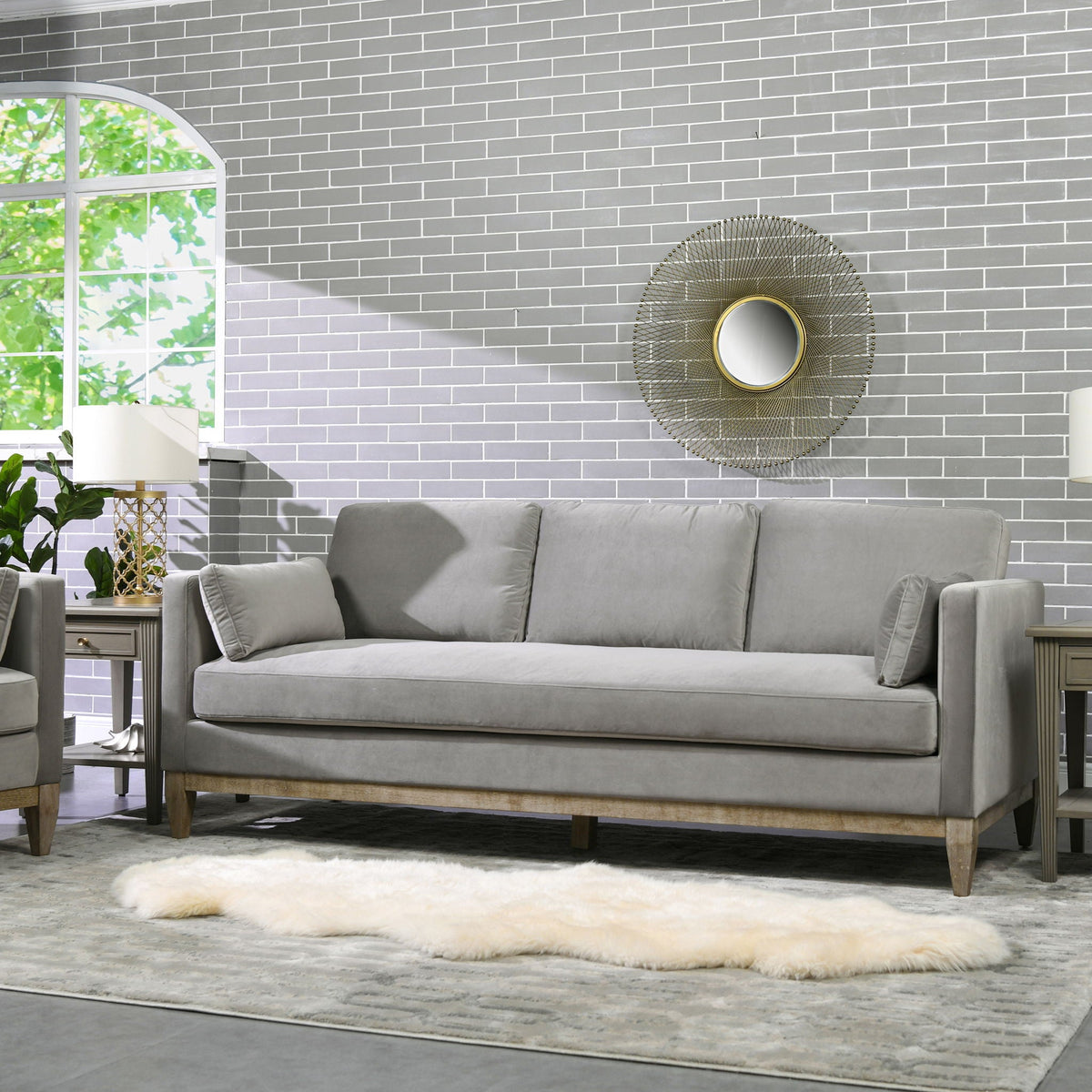 Knox Modern Farmhouse Sofa gray fabric stationary sofa with wooden legs in a living room on Tampa Home & Garden Store