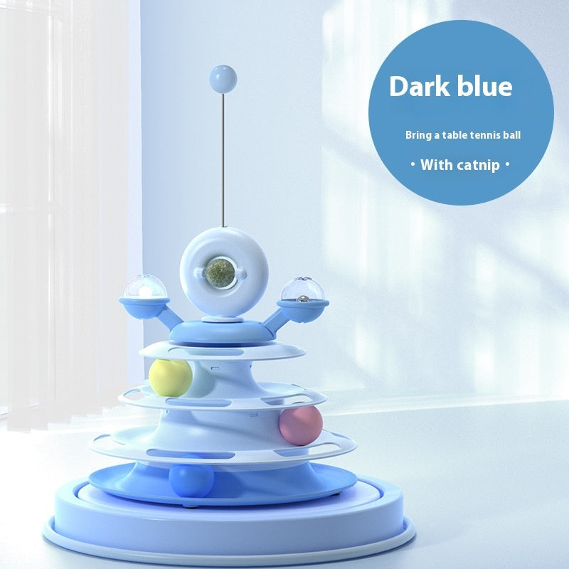 4-level cat toy tower with dark-blue rotating track, circular platforms and rolling balls for interactive puzzle play on Tampa Home & Garden Store