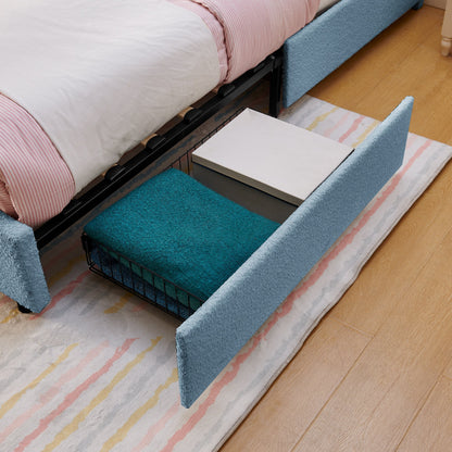 Twin Size Kids Upholstered Bed with Oversized Rabbit Ear Headboard blue frame pink bedding on Tampa Home & Garden Store