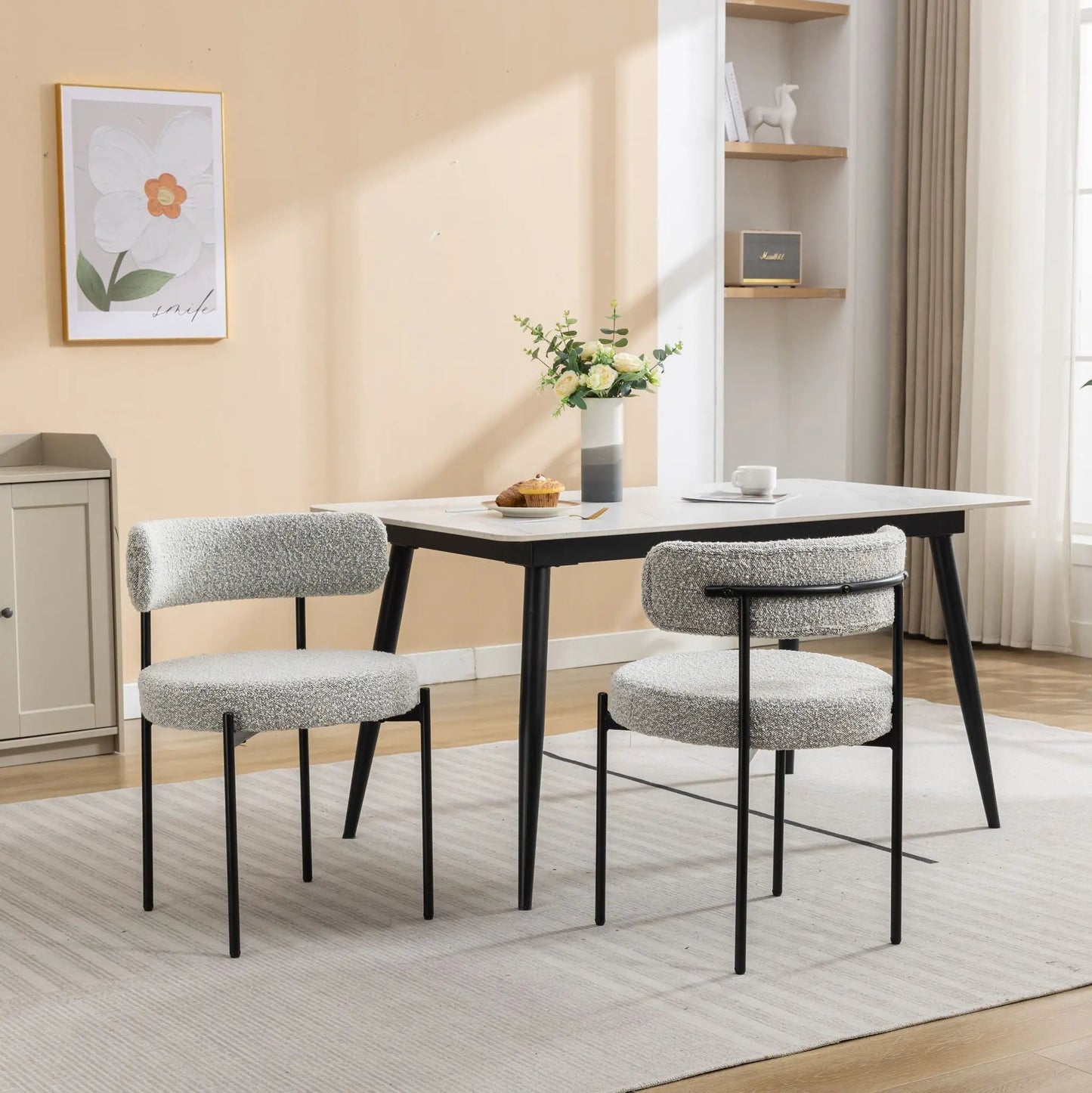 Burbank modern round boucle dining chairs set of 2 in black legs with gray boucle upholstery on Tampa Home & Garden Store