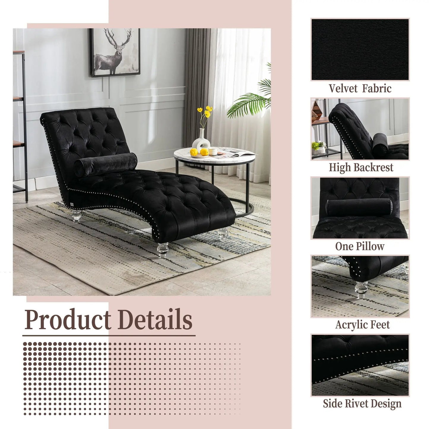 Indoor Chaise Lounge With Button Tufted Pillow