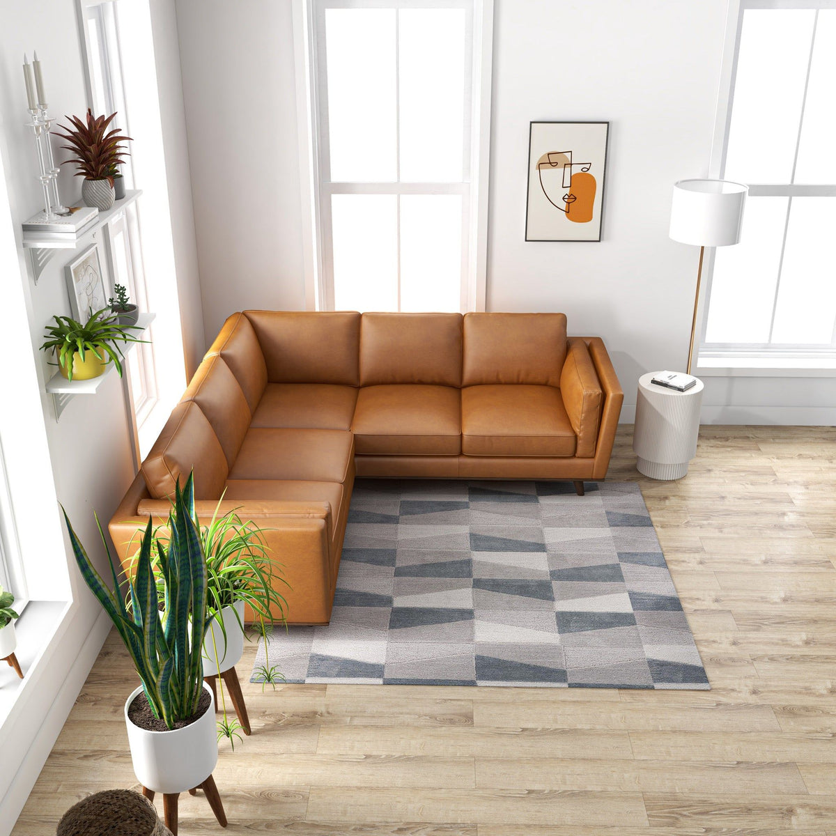 Erman corner sofa tan leather sectional by HouseOfZazla in a bright modern living room on Tampa Home & Garden Store