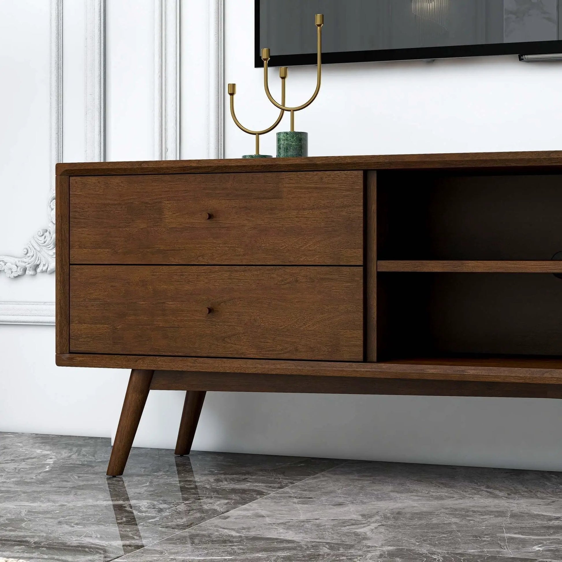 Caroline Modern TV Stand 72in walnut wood finish with gold candle holder decor on Tampa Home & Garden Store