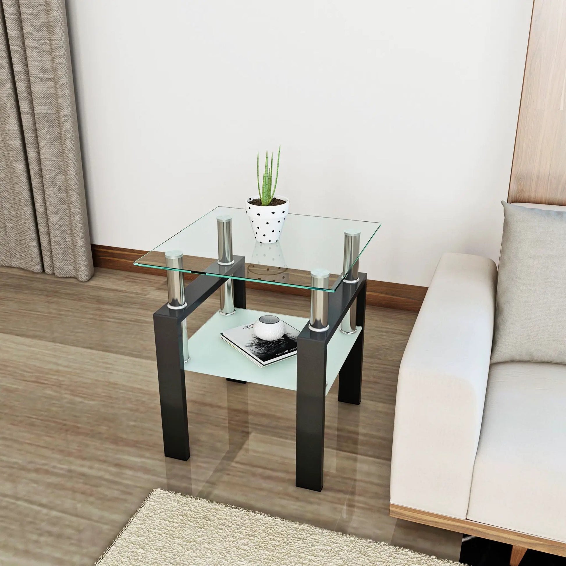 Modern tempered glass end square tea table with clear top and silver legs in living room on Tampa Home & Garden Store