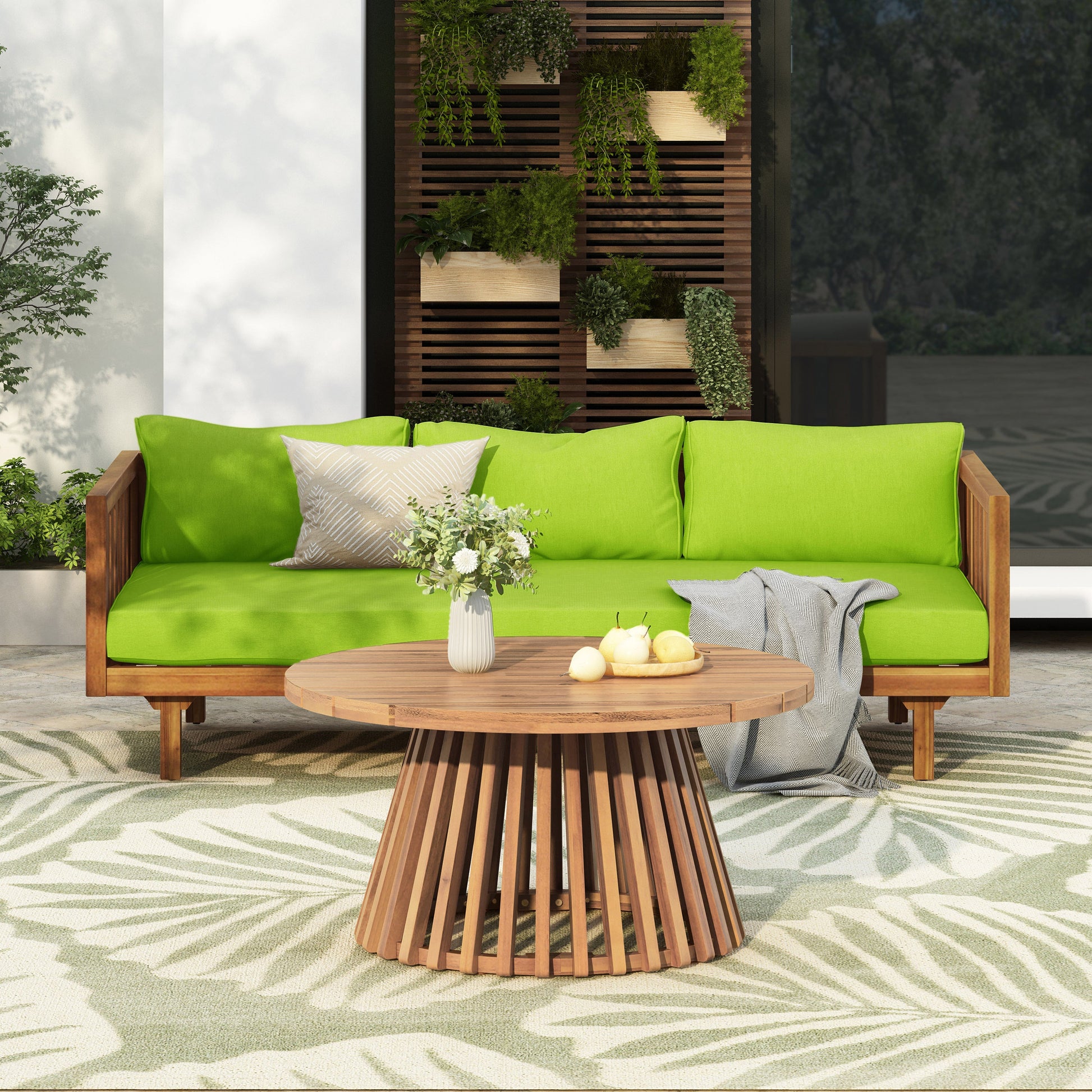 Claremont 3 Seater Daybed + Acacia Wood Table with lime-green cushions, outdoor patio set by HouseOfZazla on Tampa Home & Garden Store