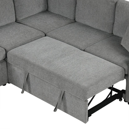 Convertible U-Shaped Sectional Sofa with Pull-Out Bed, gray fabric, 2-piece set on Tampa Home & Garden Store