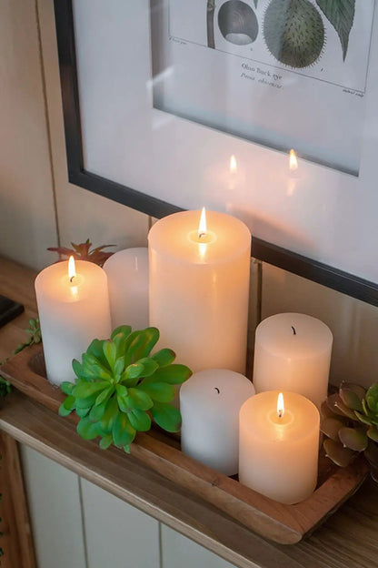 Unscented soy wax pillar candles on a wooden tray with green succulents and a framed print on Tampa Home & Garden Store