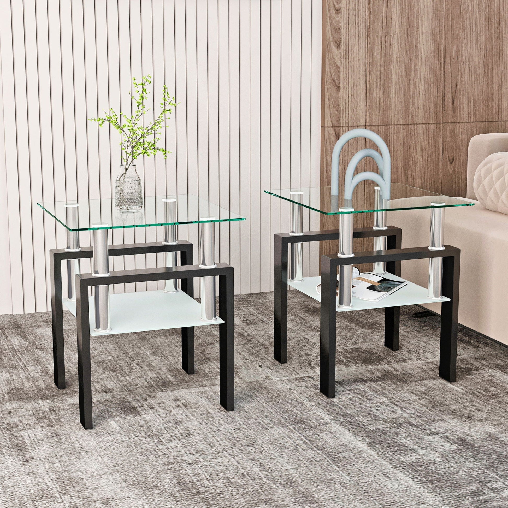 Modern tempered glass end tables with square glass tops and black metal legs, two units on Tampa Home & Garden Store