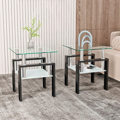 Modern tempered glass end tables with square glass tops and black metal legs, two units on Tampa Home & Garden Store