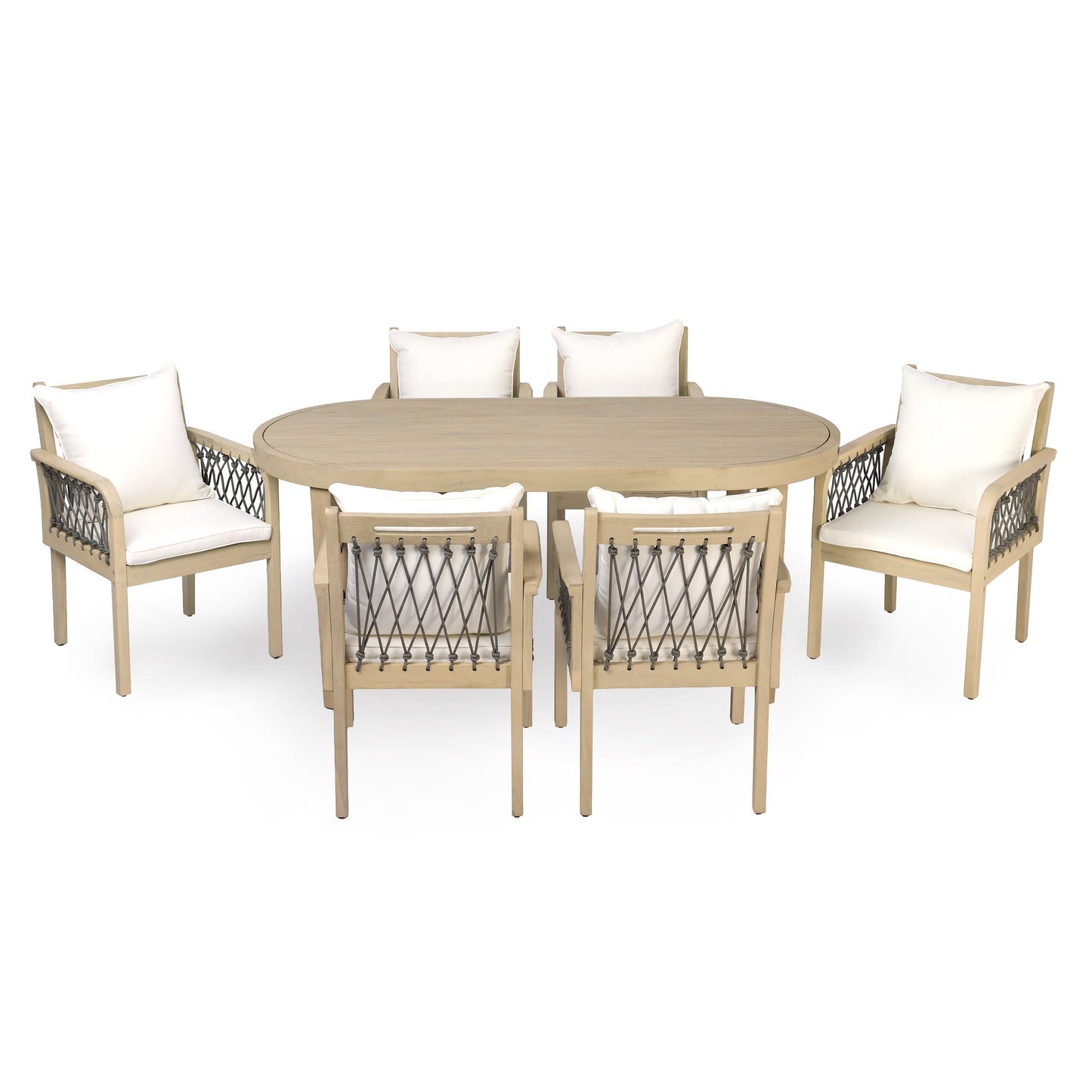 7-Piece Outdoor Acacia Wood Dining Set by HouseOfZazla with tan finish and white cushions on Tampa Home & Garden Store
