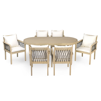 7-Piece Outdoor Acacia Wood Dining Set by HouseOfZazla with tan finish and white cushions on Tampa Home & Garden Store