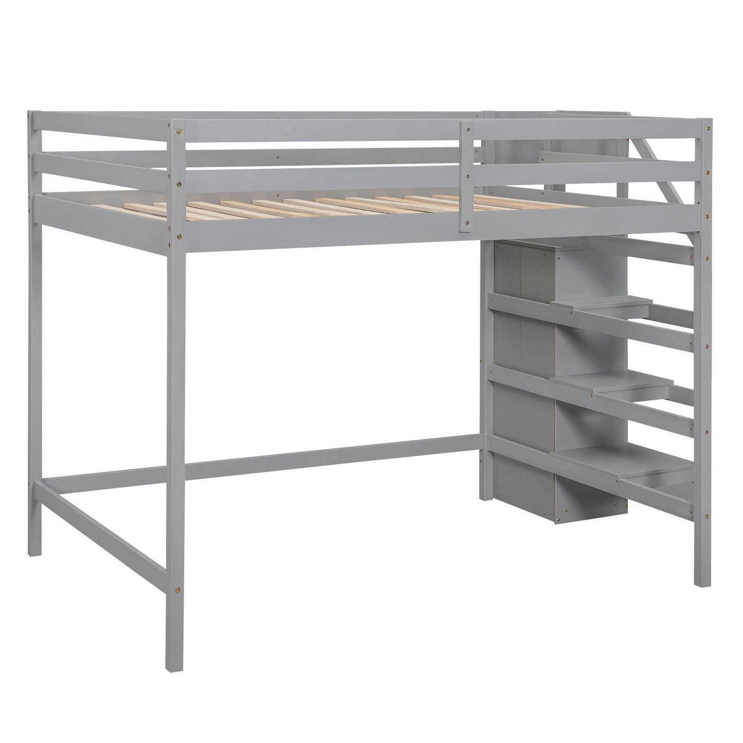 Loft bed with built-in storage wardrobe and staircase in light gray wood frame on Tampa Home & Garden Store