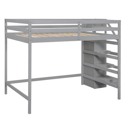 Loft bed with built-in storage wardrobe and staircase in light gray wood frame on Tampa Home & Garden Store