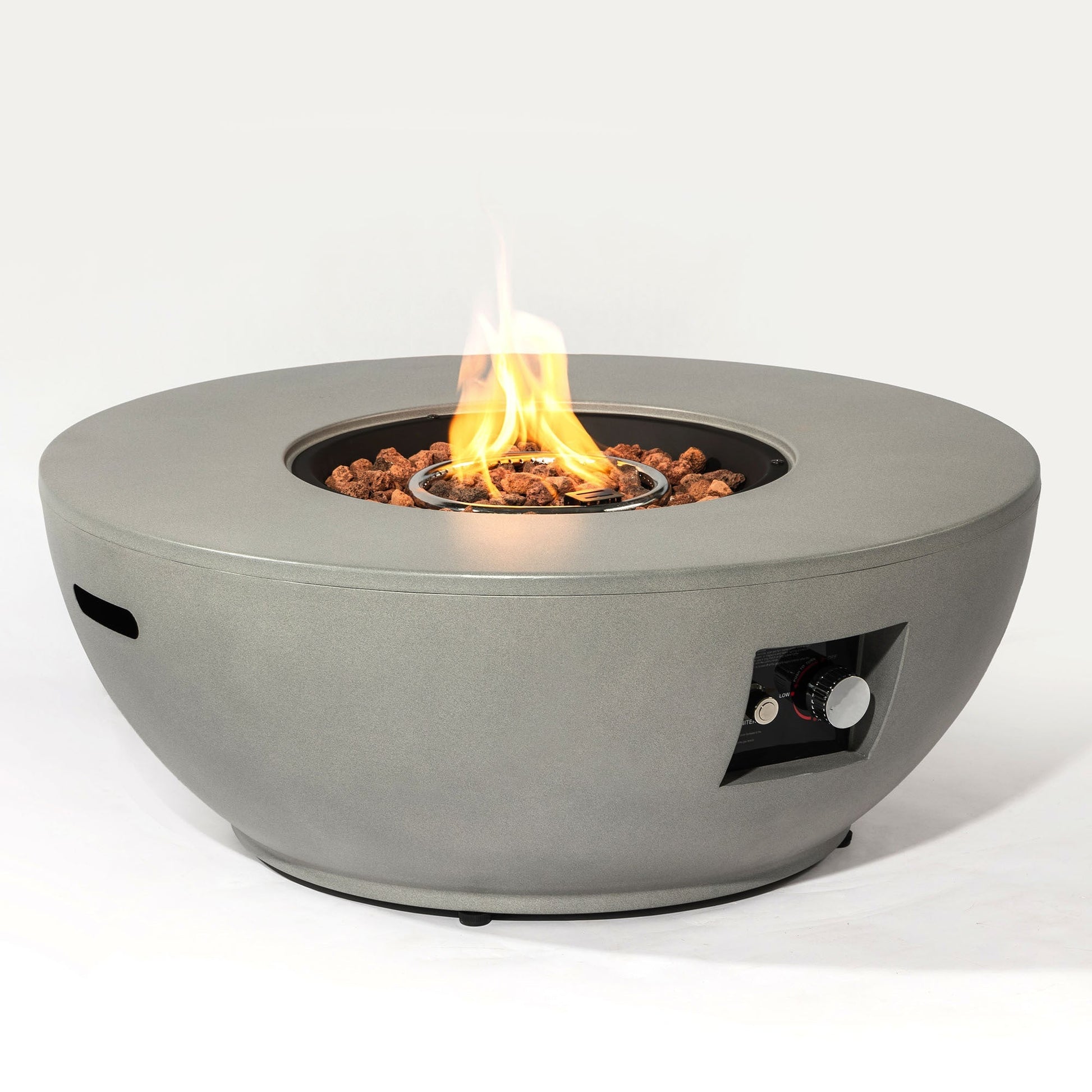 36'' propane gas fire pit table grey steel with lava rock bed and control knobs on Tampa Home & Garden Store