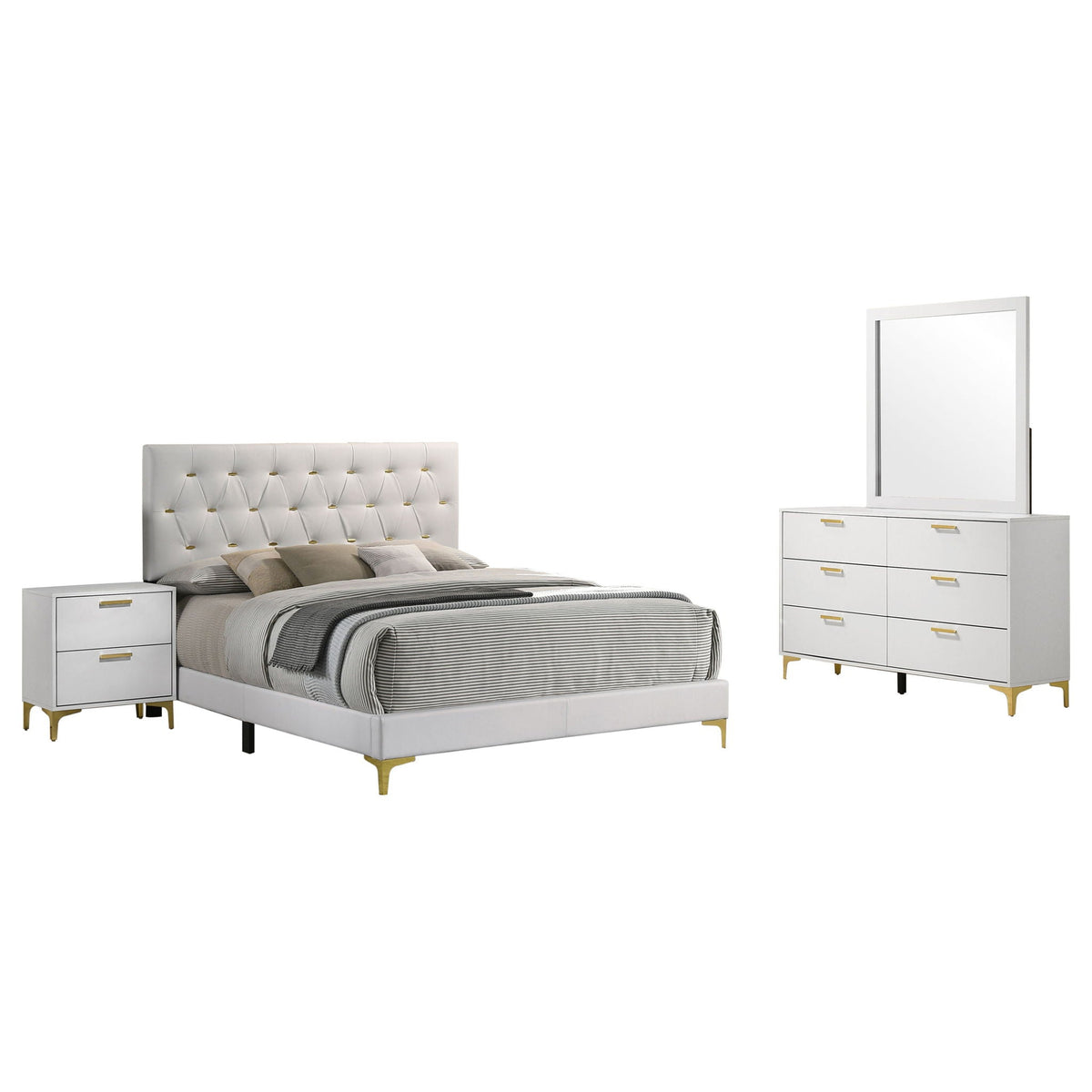 James Bedroom Set by HouseOfZazla, white bed with tufted headboard, dresser nightstand, gold legs on Tampa Home & Garden Store