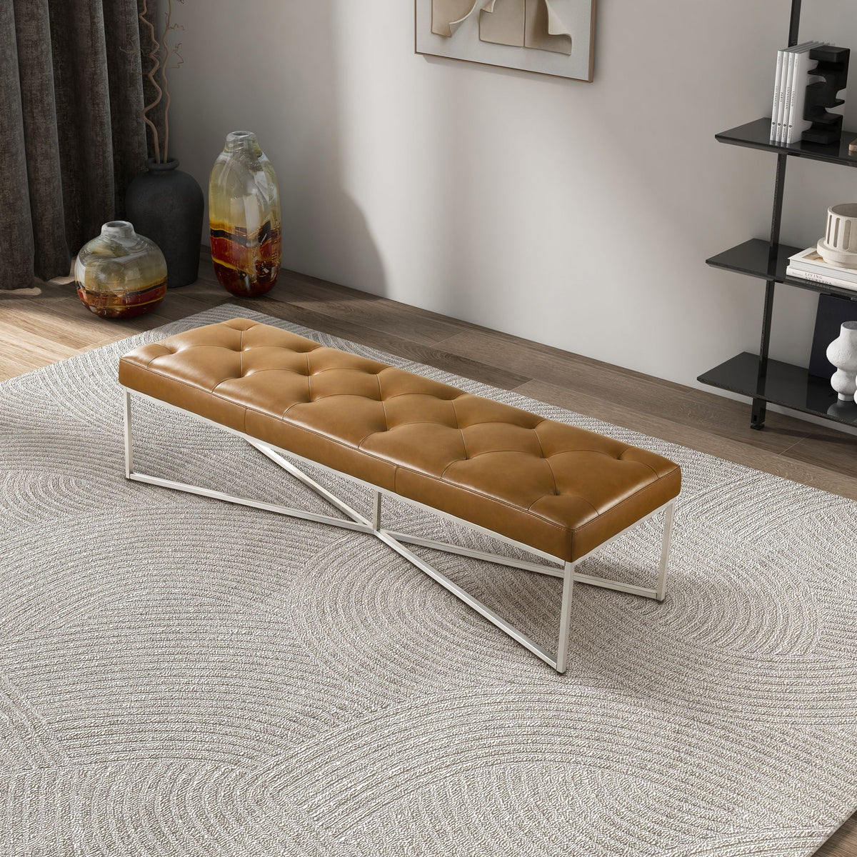 Harper Bench with tan upholstered seat, solid teak frame and metal legs on Tampa Home & Garden Store