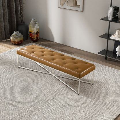 Harper Bench with tan upholstered seat, solid teak frame and metal legs on Tampa Home & Garden Store