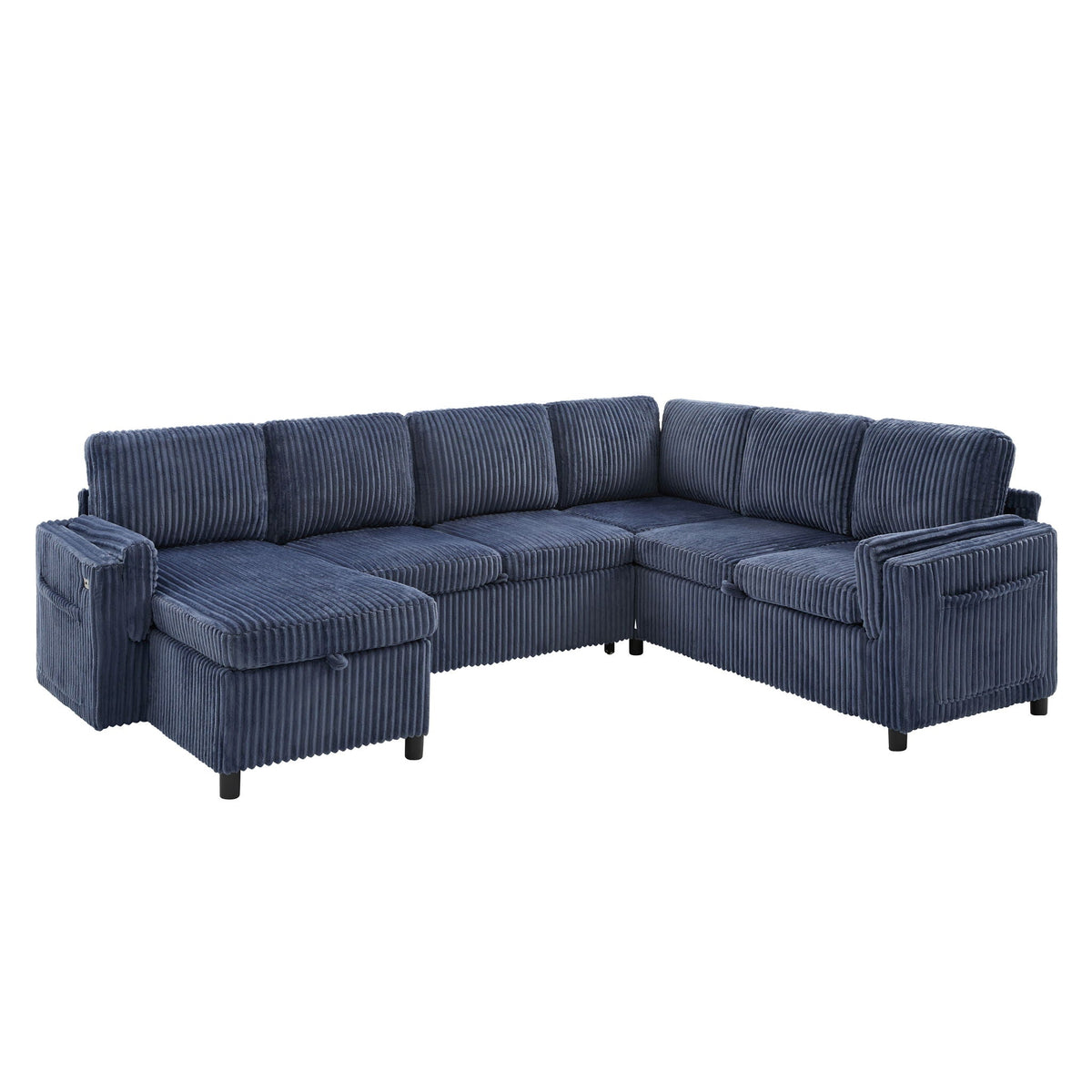 U-shaped stationary sectional sofa in blue corduroy with plush cushions on Tampa Home & Garden Store