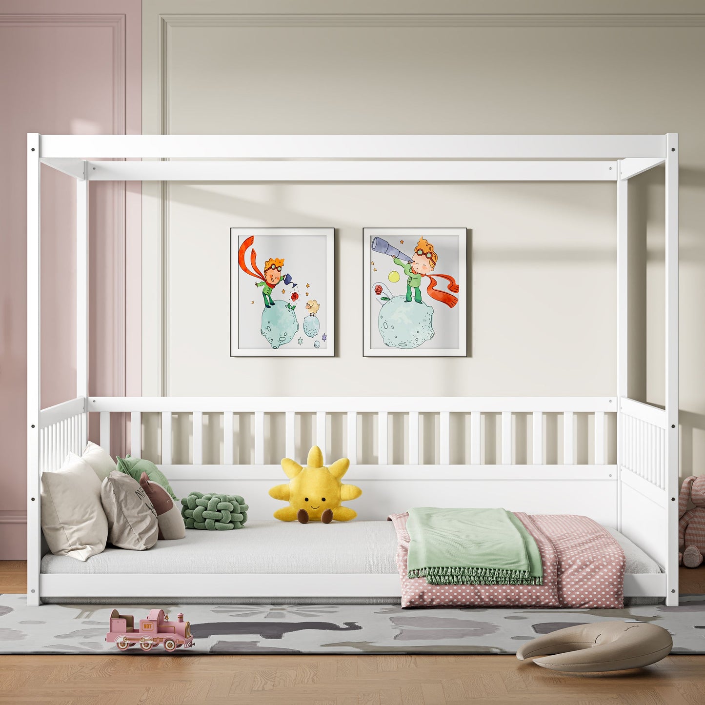 Full-size white canopy bed frame with guardrails for kids by HouseOfZazla on Tampa Home & Garden Store